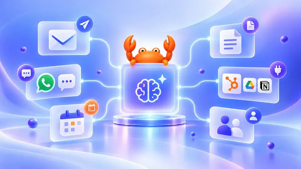 La mascota de Mr Crab 7 conectando correo, mensajería, calendario y herramientas de gestión alrededor de un sistema de inteligencia artificial