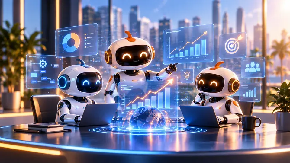 Equipo de asistentes de inteligencia artificial trabajando con cuadros de mando, gráficas de evolución y objetivos