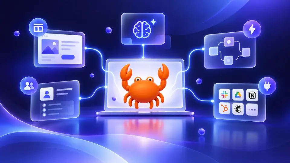 Ilustración del cangrejo de Mr Crab 7 en un portátil conectado a documentos, personas y aplicaciones