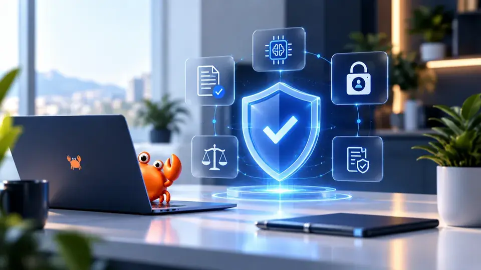 Escritorio de trabajo con un escudo de verificación, candado de privacidad y documentos de cumplimiento junto a la mascota de Mr Crab 7